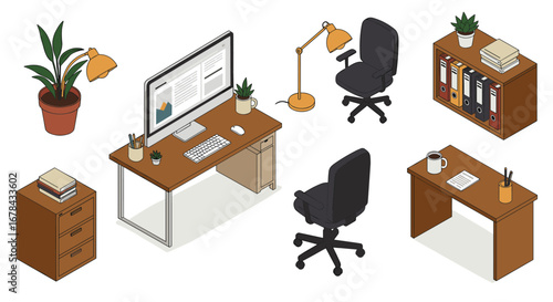 Modern office furniture isometric set with desks, chairs, and decor elements