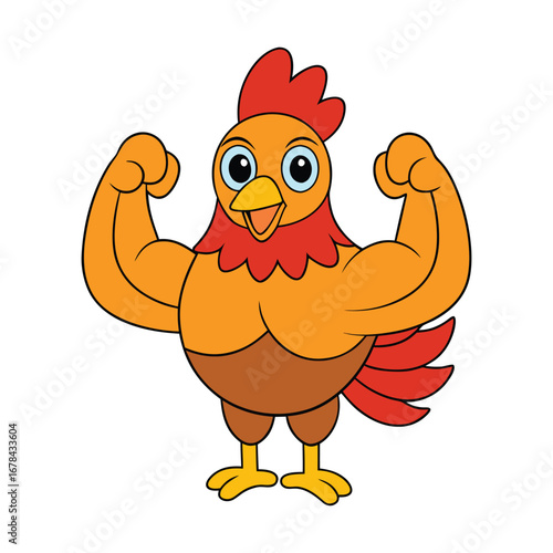 Cartoon muscular rooster character, Muscular rooster mascot logo, Muscular cartoon rooster vector cartoon illustration