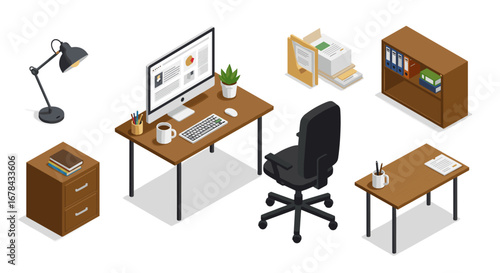 Modern office supplies and furniture in isometric style for workspaces
