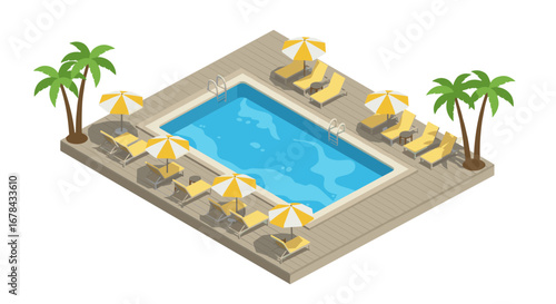 Isometric poolside oasis with chairs and umbrellas on deck surrounded by palm trees