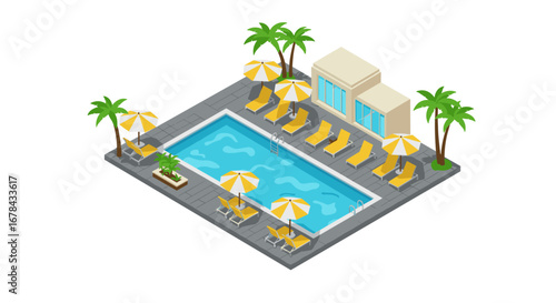 Isometric poolside retreat with sun loungers and umbrellas