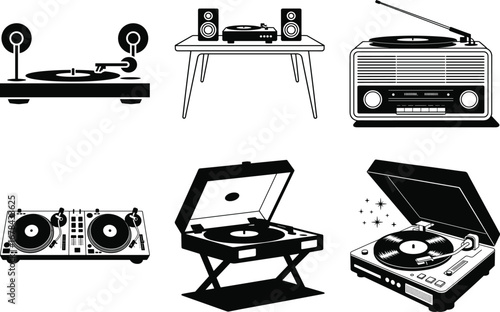 Retro Vintage Record Player Silhouette | Classic Music Turntable Icon Vector Design