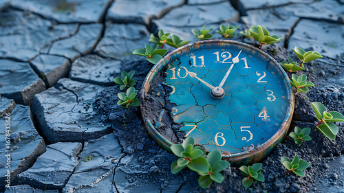 Wallpaper Mural Cracked Clock Face Surrounded by Sprouting Plants in Arid Earth, Illustrating Time, Growth, and Resilience. Torontodigital.ca