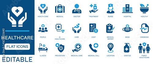 Healthcare icon set. Containing treatment, prevention, medical, health, diagnosis, report, illness, hygiene and more. perfect flat icon collection.