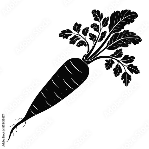 A detailed black silhouette of a freshly harvested carrot with green leaves