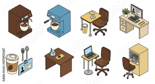 Isometric office and coffee machine setup for workplace inspiration