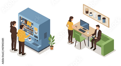 Office coffee culture: isometric scenes of vending machines and break area interactions