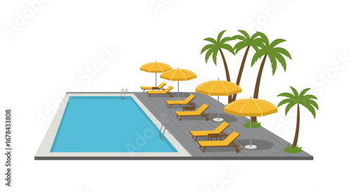 Isometric poolside relaxation with palm trees and sun loungers