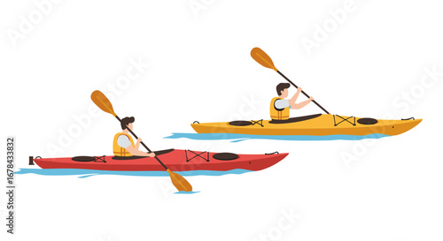 Kayaking adventure with paddlers in colorful kayaks on white background