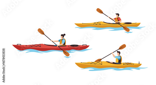 Flat style kayaking adventure with paddling people in colorful kayaks on water