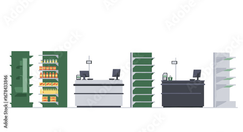 Supermarket checkout counters with shelves and products in modern flat design
