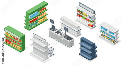 Modern isometric supermarket shelves and cash registers for retail design