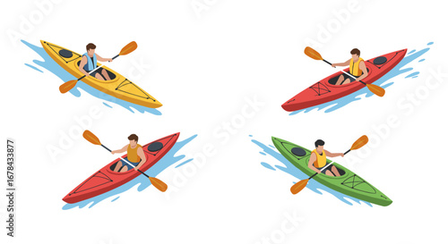 Colorful kayaking adventure: isometric canoe journey in calm waters