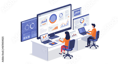 Digital analytics team working in modern office with data visualization