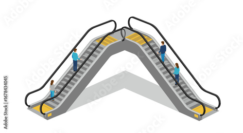 Isometric escalator with people in motion on white background