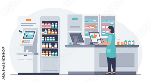 Modern pharmacy interior with pharmacist using digital tools and prescription kiosk