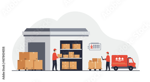 Warehouse logistics with workers handling packages and delivery truck in flat design