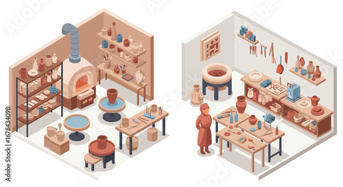 Isometric ceramic workshop with pottery tools and kiln in warm earthy tones
