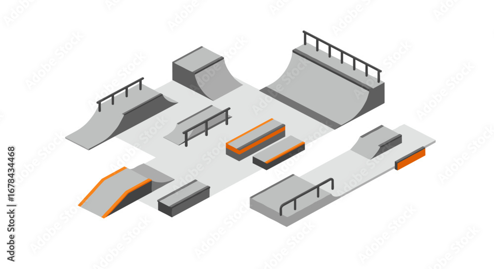 Fototapeta premium Isometric skate park design with ramps, rails, and platforms