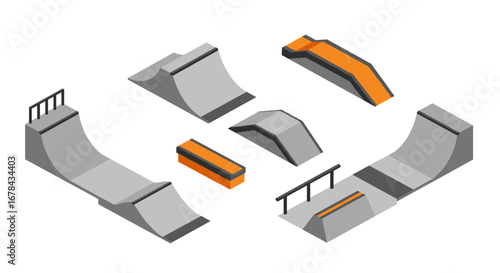 Isometric skate park elements with ramps and rails in gray and orange