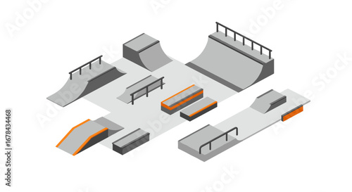 Isometric skate park design with ramps, rails, and platforms