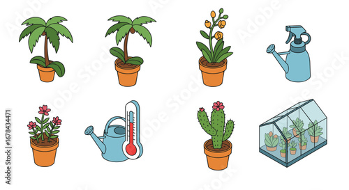 Colorful potted plants and gardening tools in cartoon style