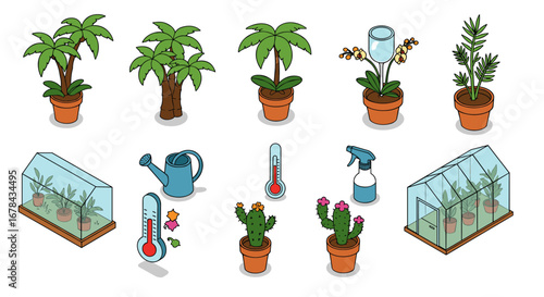 Vibrant isometric indoor plant collection with gardening tools and greenhouses