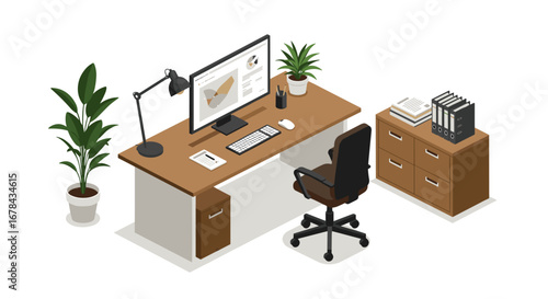 Modern isometric workspace with desk, computer, chair, and office plants