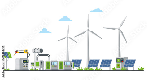 Renewable energy scene with wind turbines and solar panels in flat design