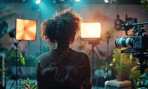 Woman standing in a film studio surrounded by lights and equipment