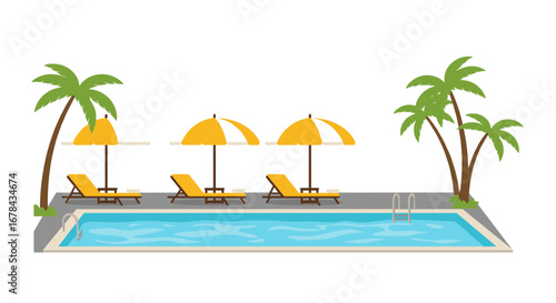 Summer poolside oasis with palm trees and sun loungers in a tranquil setting