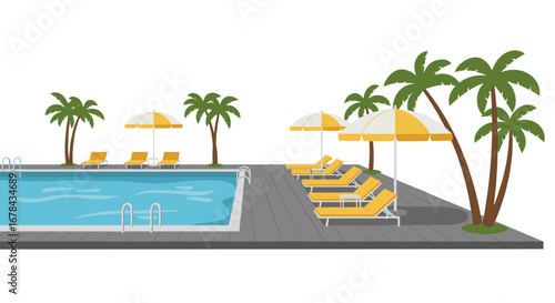 Tropical poolside with loungers and umbrellas