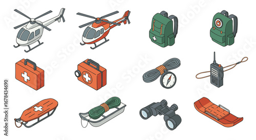 Isometric rescue equipment: helicopters, backpacks, and emergency kits collection