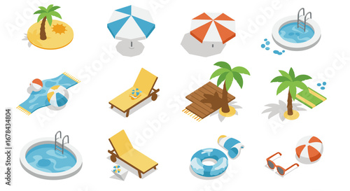 Colorful isometric summer icons: palm trees, umbrellas, and pool elements for vacation designs