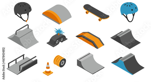 Isometric skateboarding equipment and obstacle icons for extreme sports designs