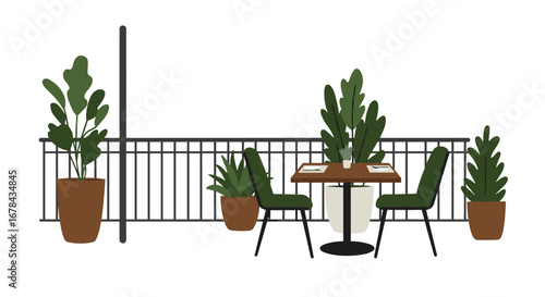 Minimalist outdoor patio with plants and seating