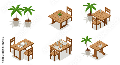 Isometric wood furniture and plant elements for indoor and outdoor spaces