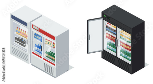 Isometric beverage fridges displaying assorted cold drinks in a modern retail setting