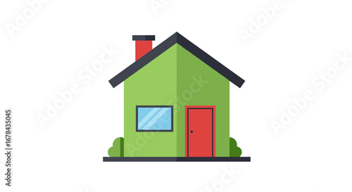 Charming flat design green house with red door and chimney