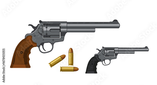 Realistic revolver pistols with bullets on white background