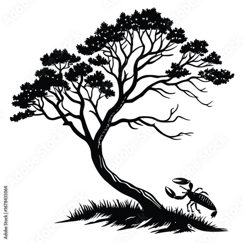 A lone scorpion approaches a windswept tree silhouette