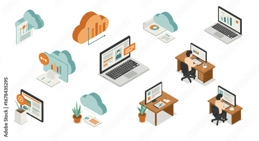 Fototapeta premium Isometric remote work and cloud computing concept with laptops and data charts