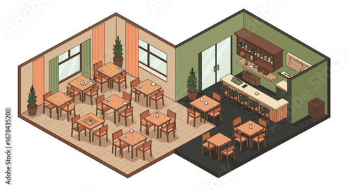 Cozy isometric café interior with dining area and bar counter