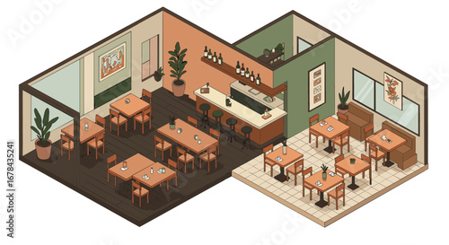 Cozy isometric cafe interior with plants and wooden furniture featuring a bar area