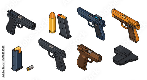 Isometric handguns and accessories collection with ammunition and holster