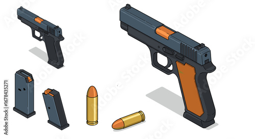 Detailed firearm and ammunition collection in isometric style