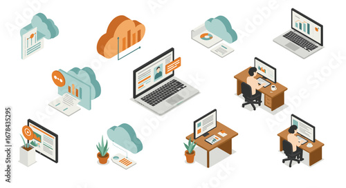 Isometric remote work and cloud computing concept with laptops and data charts