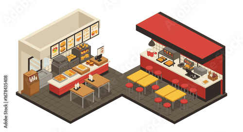 Isometric fast food restaurant interior with seating and service counter