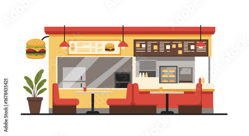 Modern fast food restaurant interior with seating and menu displays