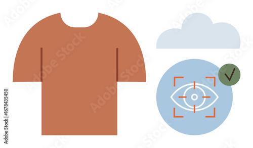 Brown t-shirt alongside eye scan with target focus, approved checkmark, and cloud element. Ideal for retail, security, identity, technology, authentication online shopping cloud storage. Simple